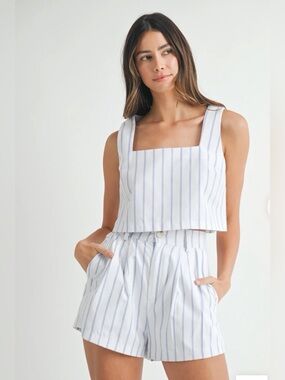 Hazel & Olive Striped White & Blue Linen Crop Top & Shorts Set